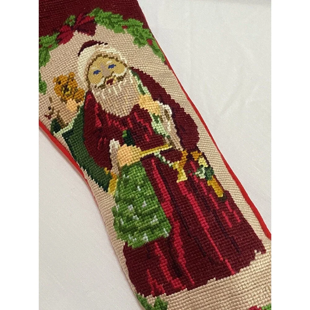 Vintage Wool Needlepoint Christmas Stocking Santa With Toys